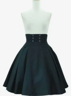 Classic Lolita SK Grommet Lace Up Black Cotton Lolita Skirts