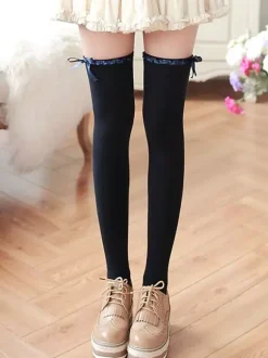 Classic Lolita Stockings White Bows Ribbons Printed Lolita Knee High Socks