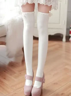 Classic Lolita Stockings White Bows Ribbons Printed Lolita Knee High Socks