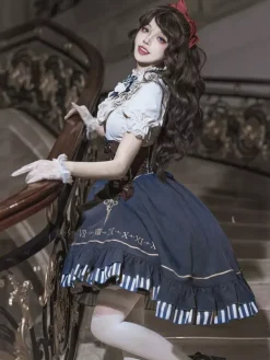 Classic Lolita Suit White Blouse And Blue Skirt And Corset Three-Piece Set Steampunk Era Style Lolita Costumes