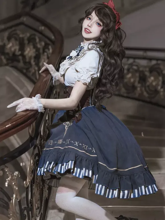 Classic Lolita Suit White Blouse And Blue Skirt And Corset Three-Piece Set Steampunk Era Style Lolita Costumes