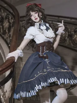 Classic Lolita Suit White Blouse And Blue Skirt And Corset Three-Piece Set Steampunk Era Style Lolita Costumes