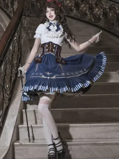 Classic Lolita Suit White Blouse And Blue Skirt And Corset Three-Piece Set Steampunk Era Style Lolita Costumes