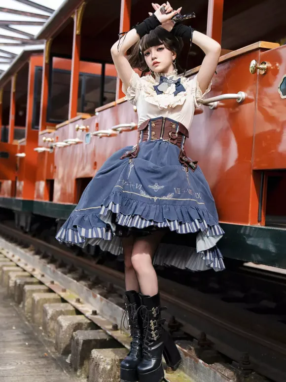 Classic Lolita Suit White Blouse And Blue Skirt And Corset Three-Piece Set Steampunk Era Style Lolita Costumes
