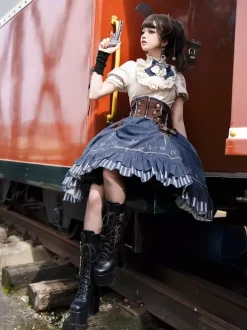 Classic Lolita Suit White Blouse And Blue Skirt And Corset Three-Piece Set Steampunk Era Style Lolita Costumes