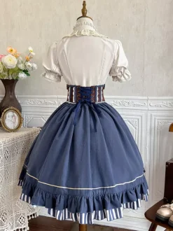 Classic Lolita Suit White Blouse And Blue Skirt And Corset Three-Piece Set Steampunk Era Style Lolita Costumes