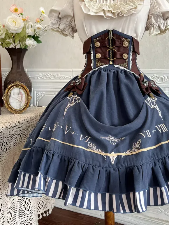 Classic Lolita Suit White Blouse And Blue Skirt And Corset Three-Piece Set Steampunk Era Style Lolita Costumes