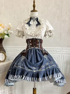 Classic Lolita Suit White Blouse And Blue Skirt And Corset Three-Piece Set Steampunk Era Style Lolita Costumes