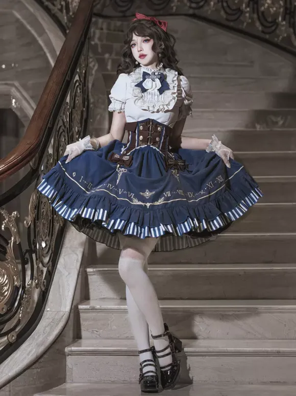 Classic Lolita Suit White Blouse And Blue Skirt And Corset Three-Piece Set Steampunk Era Style Lolita Costumes