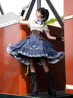 Classic Lolita Suit White Blouse And Blue Skirt And Corset Three-Piece Set Steampunk Era Style Lolita Costumes
