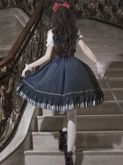 Classic Lolita Suit White Blouse And Blue Skirt And Corset Three-Piece Set Steampunk Era Style Lolita Costumes