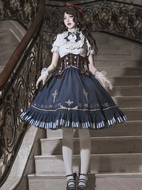 Classic Lolita Suit White Blouse And Blue Skirt And Corset Three-Piece Set Steampunk Era Style Lolita Costumes