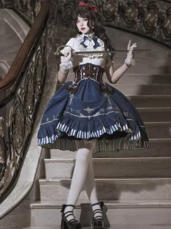 Classic Lolita Suit White Blouse And Blue Skirt And Corset Three-Piece Set Steampunk Era Style Lolita Costumes