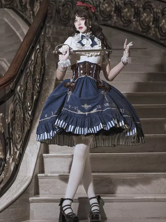 Classic Lolita Suit White Blouse And Blue Skirt And Corset Three-Piece Set Steampunk Era Style Lolita Costumes