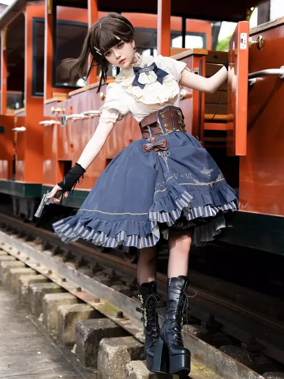 Classic Lolita Suit White Blouse And Blue Skirt And Corset Three-Piece Set Steampunk Era Style Lolita Costumes