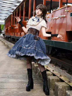 Classic Lolita Suit White Blouse And Blue Skirt And Corset Three-Piece Set Steampunk Era Style Lolita Costumes