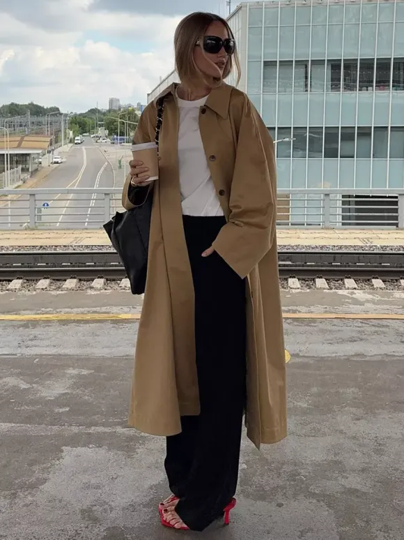 Classic Long Trench Coat For Women - Khaki Minimalist Single-Breasted Relaxed Fit Dust Coat - Spring Office-to-dinner Outerwear 2026