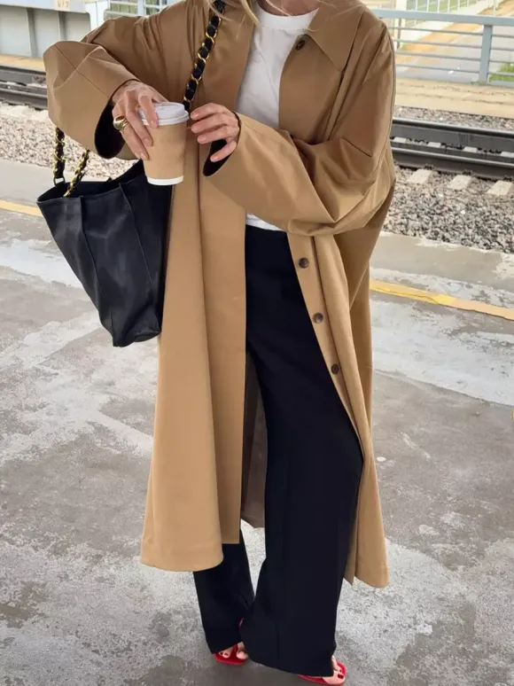 Classic Long Trench Coat For Women - Khaki Minimalist Single-Breasted Relaxed Fit Dust Coat - Spring Office-to-dinner Outerwear 2026