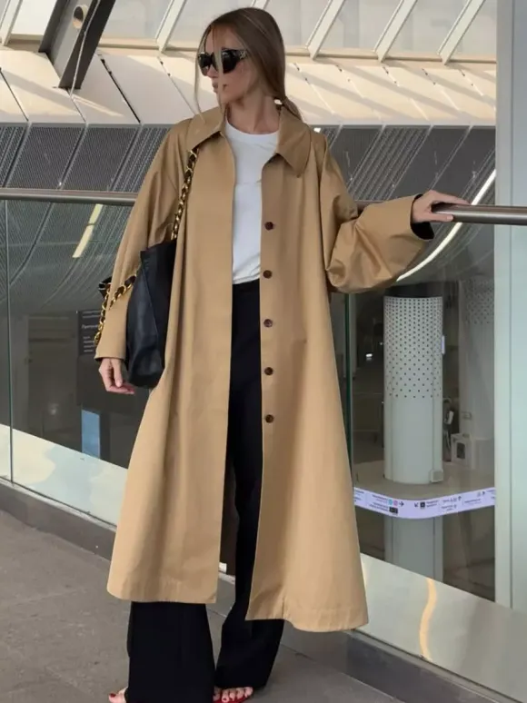 Classic Long Trench Coat For Women - Khaki Minimalist Single-Breasted Relaxed Fit Dust Coat - Spring Office-to-dinner Outerwear 2026