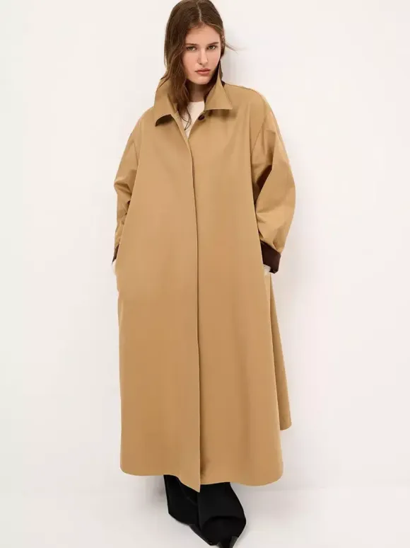 Classic Long Trench Coat For Women - Khaki Minimalist Single-Breasted Relaxed Fit Dust Coat - Spring Office-to-dinner Outerwear 2026