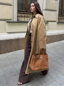 Classic Long Trench Coat For Women - Khaki Minimalist Single-Breasted Relaxed Fit Dust Coat - Spring Office-to-dinner Outerwear 2026