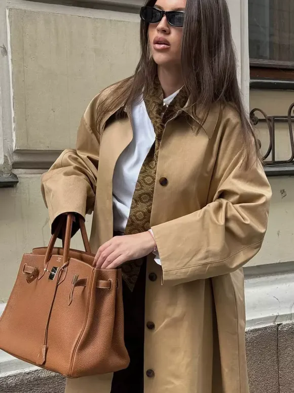 Classic Long Trench Coat For Women - Khaki Minimalist Single-Breasted Relaxed Fit Dust Coat - Spring Office-to-dinner Outerwear 2026