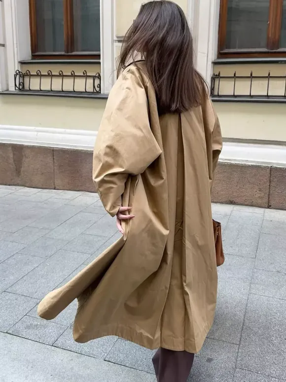 Classic Long Trench Coat For Women - Khaki Minimalist Single-Breasted Relaxed Fit Dust Coat - Spring Office-to-dinner Outerwear 2026