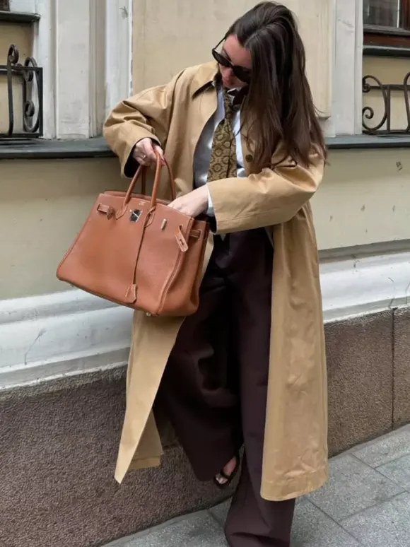 Classic Long Trench Coat For Women - Khaki Minimalist Single-Breasted Relaxed Fit Dust Coat - Spring Office-to-dinner Outerwear 2026
