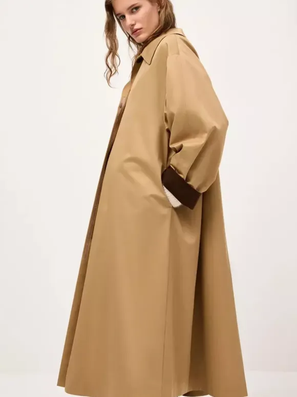 Classic Long Trench Coat For Women - Khaki Minimalist Single-Breasted Relaxed Fit Dust Coat - Spring Office-to-dinner Outerwear 2026