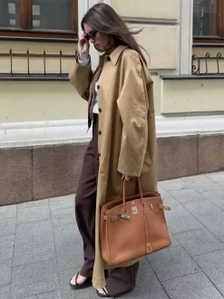 Classic Long Trench Coat For Women - Khaki Minimalist Single-Breasted Relaxed Fit Dust Coat - Spring Office-to-dinner Outerwear 2026