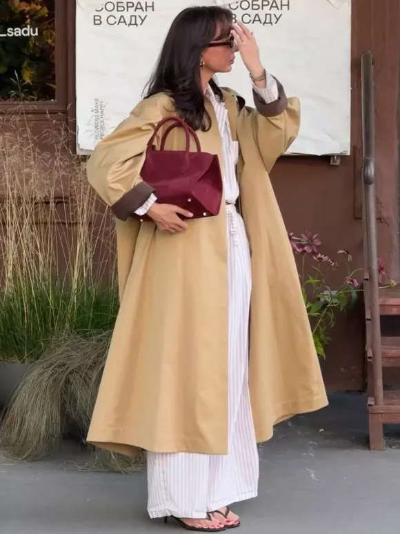 Classic Long Trench Coat For Women - Khaki Minimalist Single-Breasted Relaxed Fit Dust Coat - Spring Office-to-dinner Outerwear 2026
