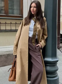 Classic Long Trench Coat For Women - Khaki Minimalist Single-Breasted Relaxed Fit Dust Coat - Spring Office-to-dinner Outerwear 2026