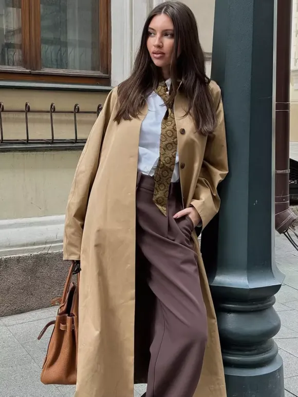Classic Long Trench Coat For Women - Khaki Minimalist Single-Breasted Relaxed Fit Dust Coat - Spring Office-to-dinner Outerwear 2026