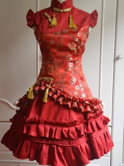 Classic Red Satin Qi Lolita Dress Sleevesless Plum Blossom Printed Ruffles
