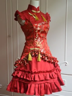 Classic Red Satin Qi Lolita Dress Sleevesless Plum Blossom Printed Ruffles
