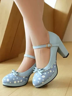 Classic Sweet Lolita Shoes Light Green Bows PU Leather Chunky Heel Lolita Pumps