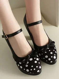 Classic Sweet Lolita Shoes Light Green Bows PU Leather Chunky Heel Lolita Pumps