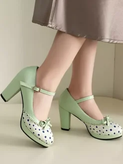 Classic Sweet Lolita Shoes Light Green Bows PU Leather Chunky Heel Lolita Pumps