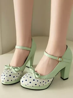 Classic Sweet Lolita Shoes Light Green Bows PU Leather Chunky Heel Lolita Pumps