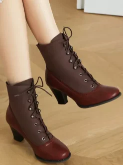Classic Vintage Style Lolita Boots PU Leather Round Toe Red Lolita Shoes