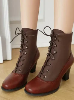 Classic Vintage Style Lolita Boots PU Leather Round Toe Red Lolita Shoes