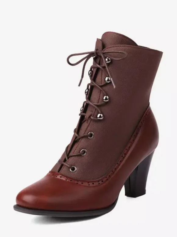 Classic Vintage Style Lolita Boots PU Leather Round Toe Red Lolita Shoes