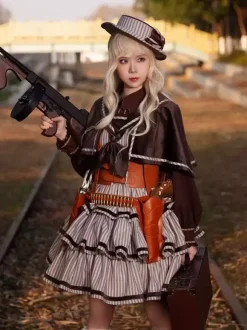 Classica Lolita Dress Polyester Ruffles Sleeveless Lolita Dresses Stripes Deep Brown JSK