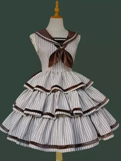 Classica Lolita Dress Polyester Ruffles Sleeveless Lolita Dresses Stripes Deep Brown JSK