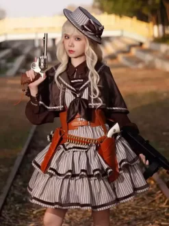Classica Lolita Dress Polyester Ruffles Sleeveless Lolita Dresses Stripes Deep Brown JSK