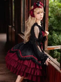 Classical Gothic Lolita Dress Bows Sleeveless Color Block Burgundy Jumper Dresses