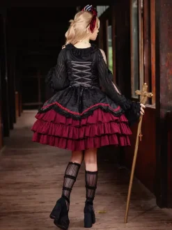 Classical Gothic Lolita Dress Bows Sleeveless Color Block Burgundy Jumper Dresses