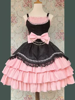Classical Gothic Lolita Dress Bows Sleeveless Color Block Burgundy Jumper Dresses