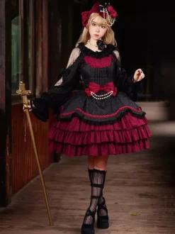Classical Gothic Lolita Dress Bows Sleeveless Color Block Burgundy Jumper Dresses