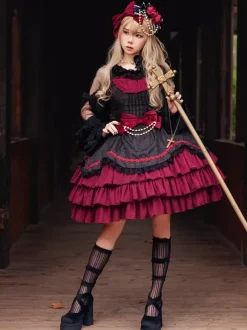 Classical Gothic Lolita Dress Bows Sleeveless Color Block Burgundy Jumper Dresses